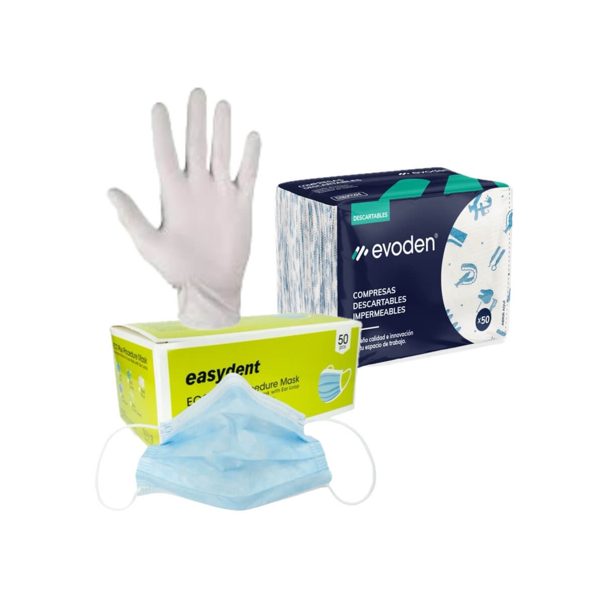Combo Barbijo 3 capaz + Guantes de latex + Compresas