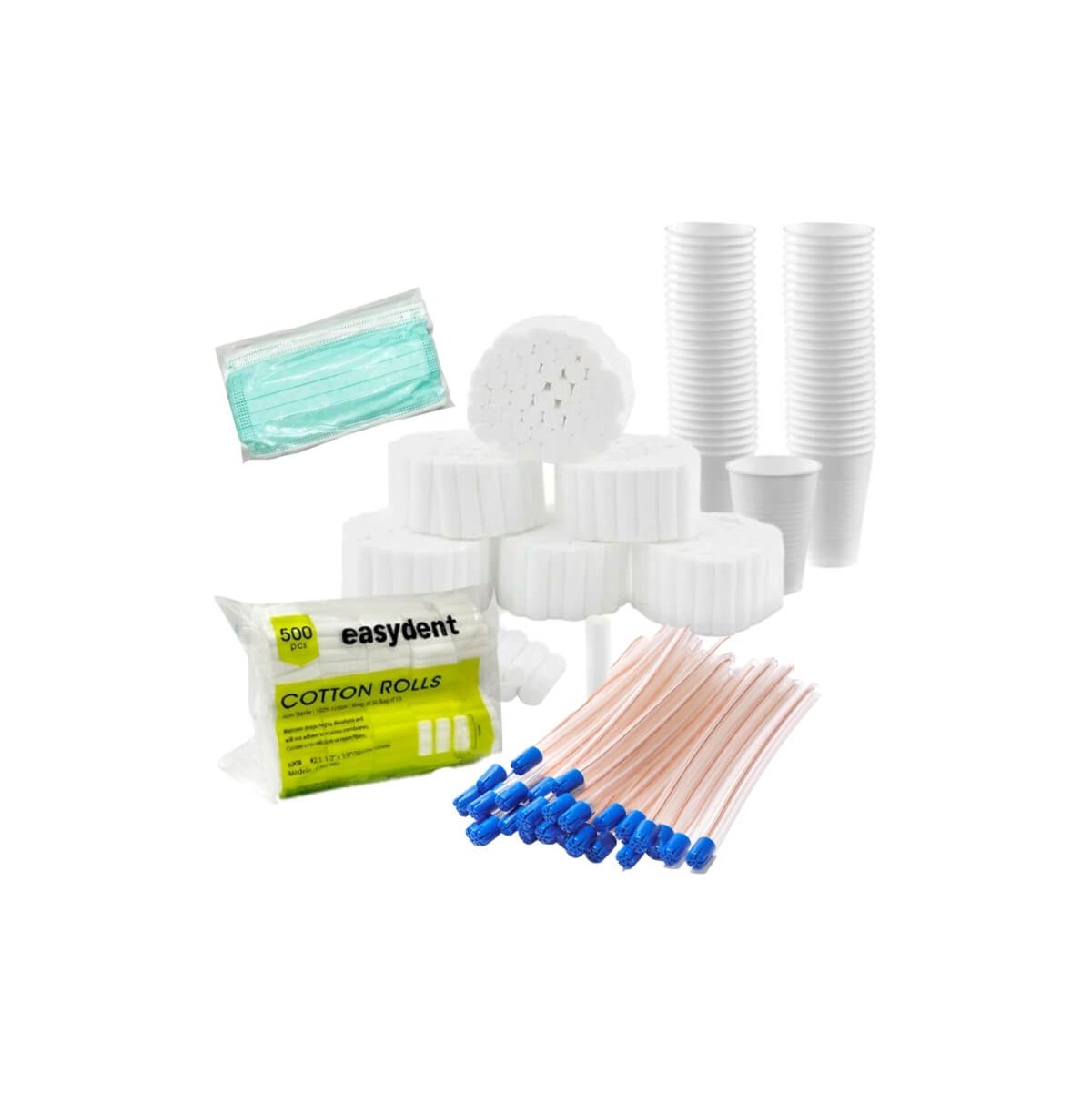 Combo Vasos descartables + Eyectores + Rollos de algodon Easydent + Barbijos Dochem