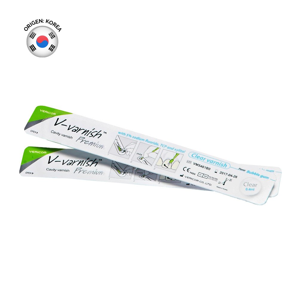 Barniz de fluor V-Varnish Premium (frutilla), monodosis 0.4ml/0.5mg. VERICOM